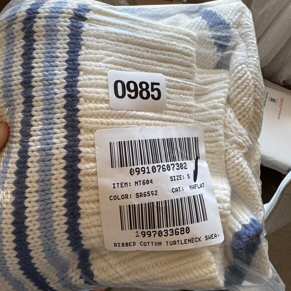 Madewell Ribbed Cotton Turtleneck Sweater WMNS S White Blue Stripes Relaxed Fit - Picture 8 of 8